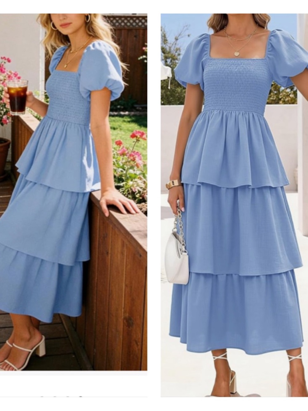 Sky Blue Smocked Bodice Tiered Midi Dress with Puff Sleeves